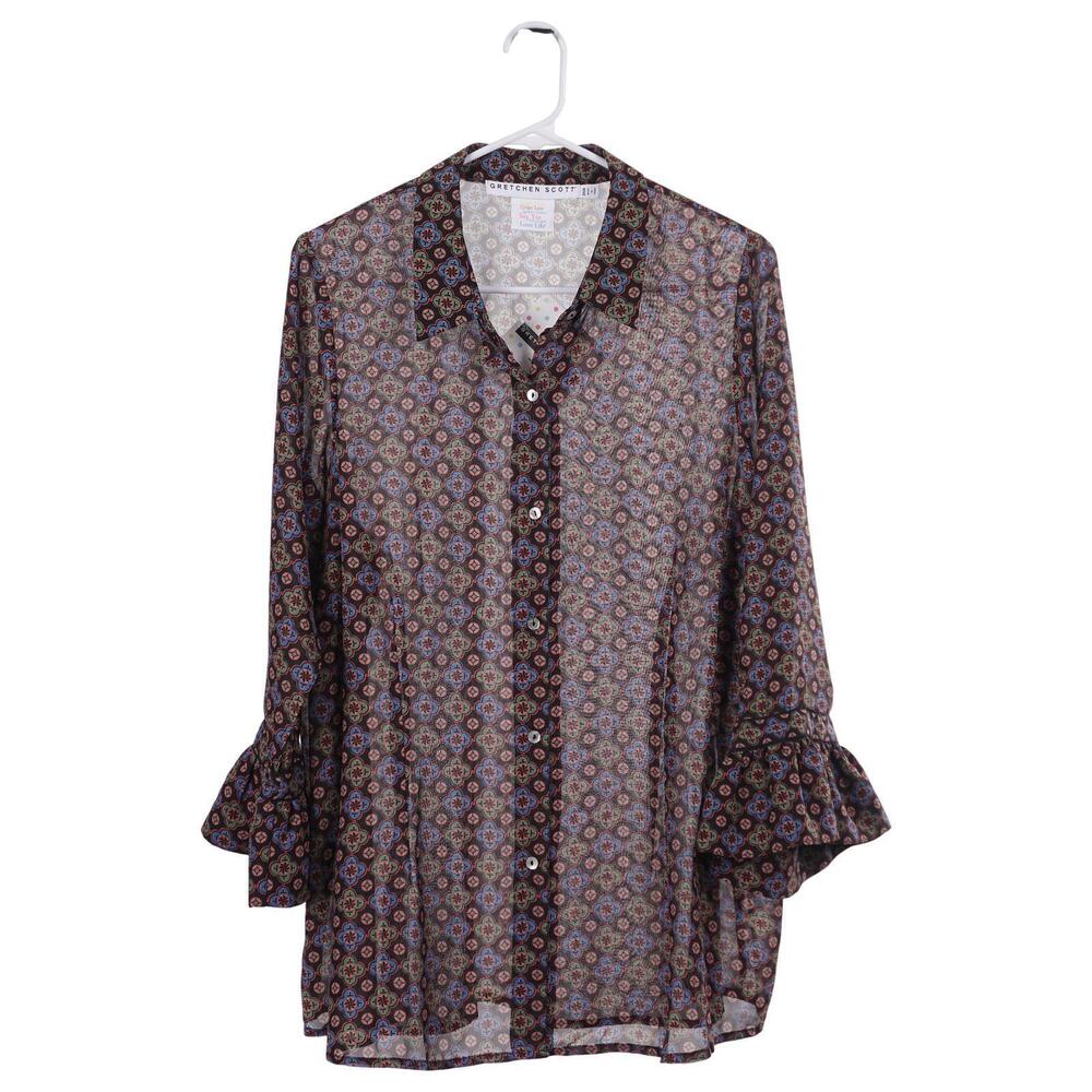 NWT GRETCHEN SCOTT Priss Blouse 18 Sundial Print Sheer Collared 3/4 Sleeve